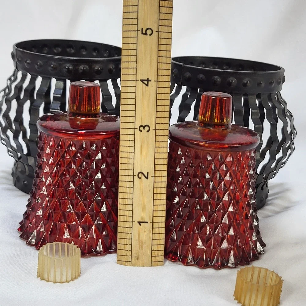 Vintage Ruby Red Diamond Point Glass Peg Votive Candle Holders Metal Cage Set 2